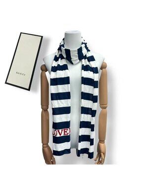 Gucci Shawl Loved Print Border White Blue Scarf